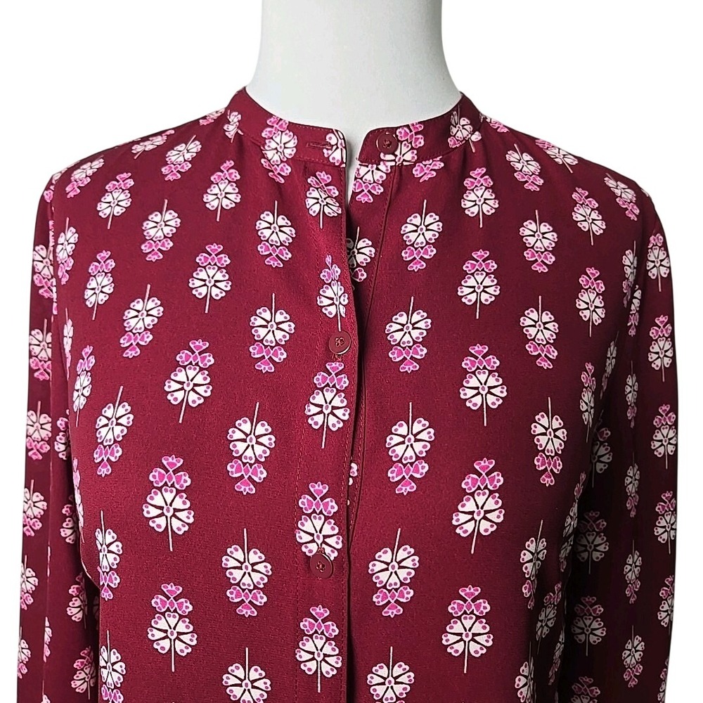 Nautica Burgundy Floral‎ Button Front High Neck Long Sleeve Blouse Top Small S - Picture 4 of 7